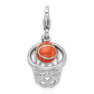 925 Silver 3-D Moveable Enameled Basketball in Net Bracelet Charm Lobster Clasp